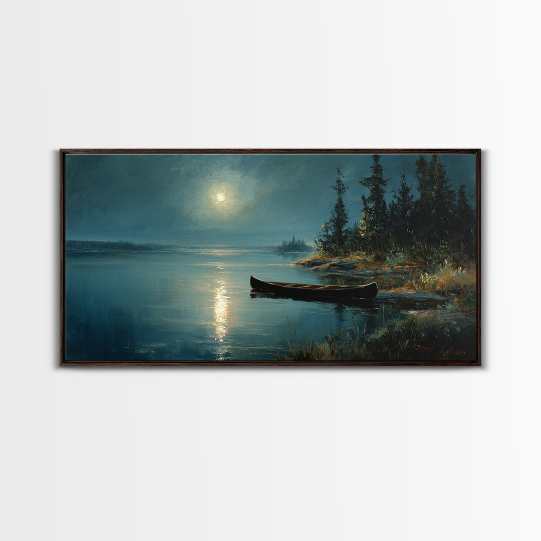 Calm Moonlit Lake Scene With Canoe And Forest Landscape Original Painting Wall Art Canvas Print Home Decor