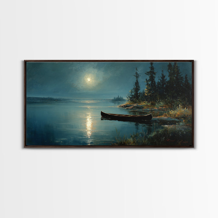 Calm Moonlit Lake Scene With Canoe And Forest Landscape Original Painting Wall Art Canvas Print Home Decor