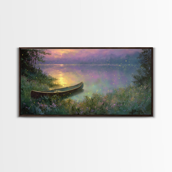 Serene Canoe On Misty Lake With Fireflies At Twilight Framed Canvas Print Tranquil Landscape Wall Art