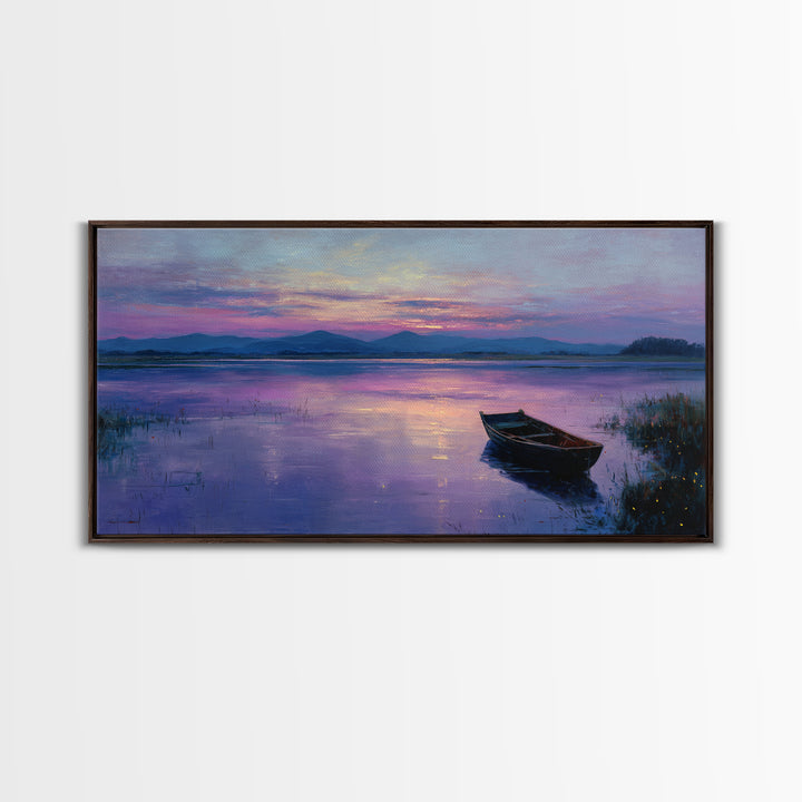 Peaceful Sunrise With Boat On Calm Lake Landscape Painting Large Wall Art For Living Room