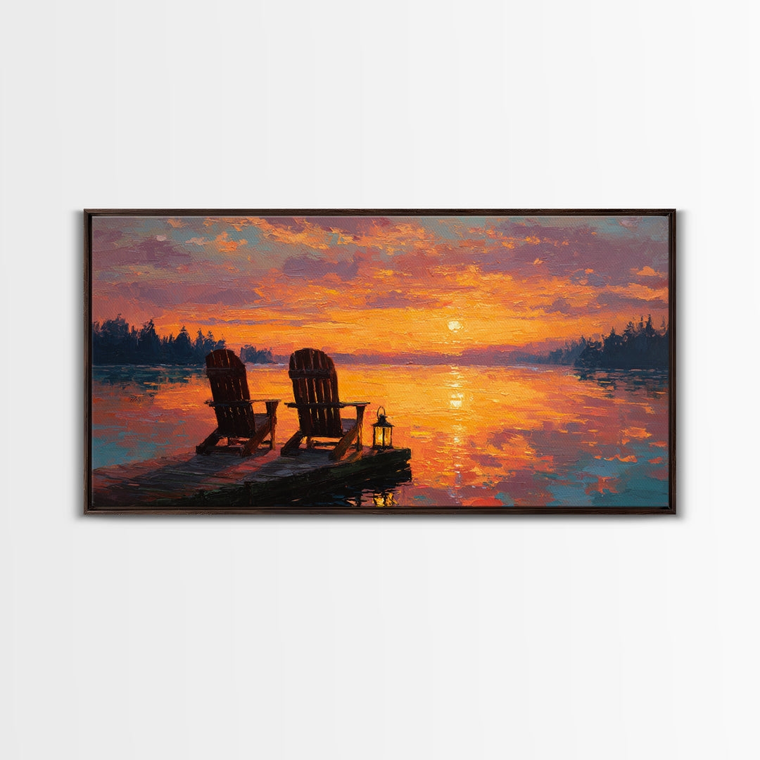 Warm Glowing Sunset With Adirondack Chairs On Lake Dock Tranquil Landscape Oil Painting Wall Art Framed Canvas Print For Cozy Home Decor
