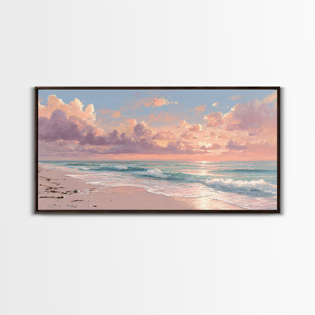 Pink Cloud Beach Sunrise Framed Canvas Print, Coastal Wall Art, Ocean Waves Seascape, Beach House Decor, Living Room Decor