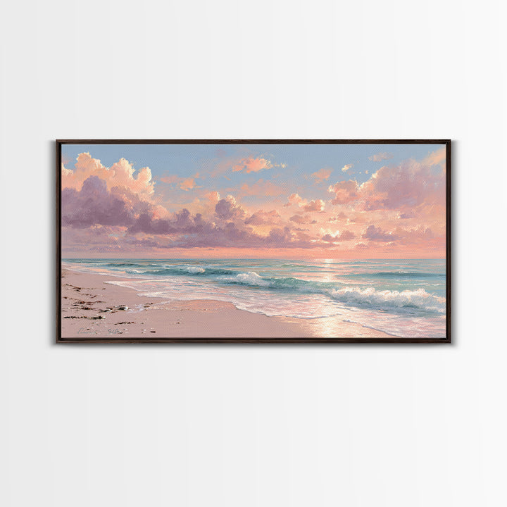 Pink Cloud Beach Sunrise Framed Canvas Print, Coastal Wall Art, Ocean Waves Seascape, Beach House Decor, Living Room Decor