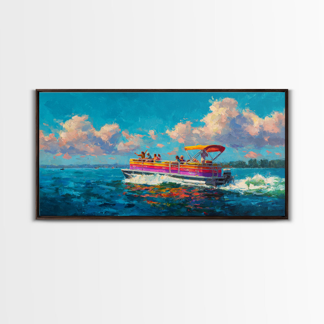 Vibrant Party Boat At Sea With Cheerful Passengers At Sunset Wall Art Framed Canvas Print Bright Colorful Coastal Decor