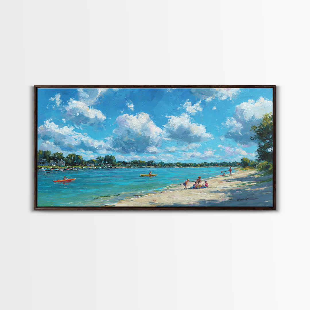 Beautiful Vibrant Oil Painting Of Lake Scene With Kayakers And Blue Sky Canvas Print Large Wall Art Home Decor Living Room Wall Art