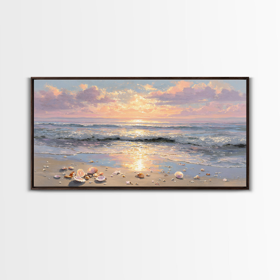 Glowing Seashell Ocean Sunrise Canvas Print, Coastal Wall Art, Beach House Decor, Nautical Seascape, Gift For Her, Living Room Art