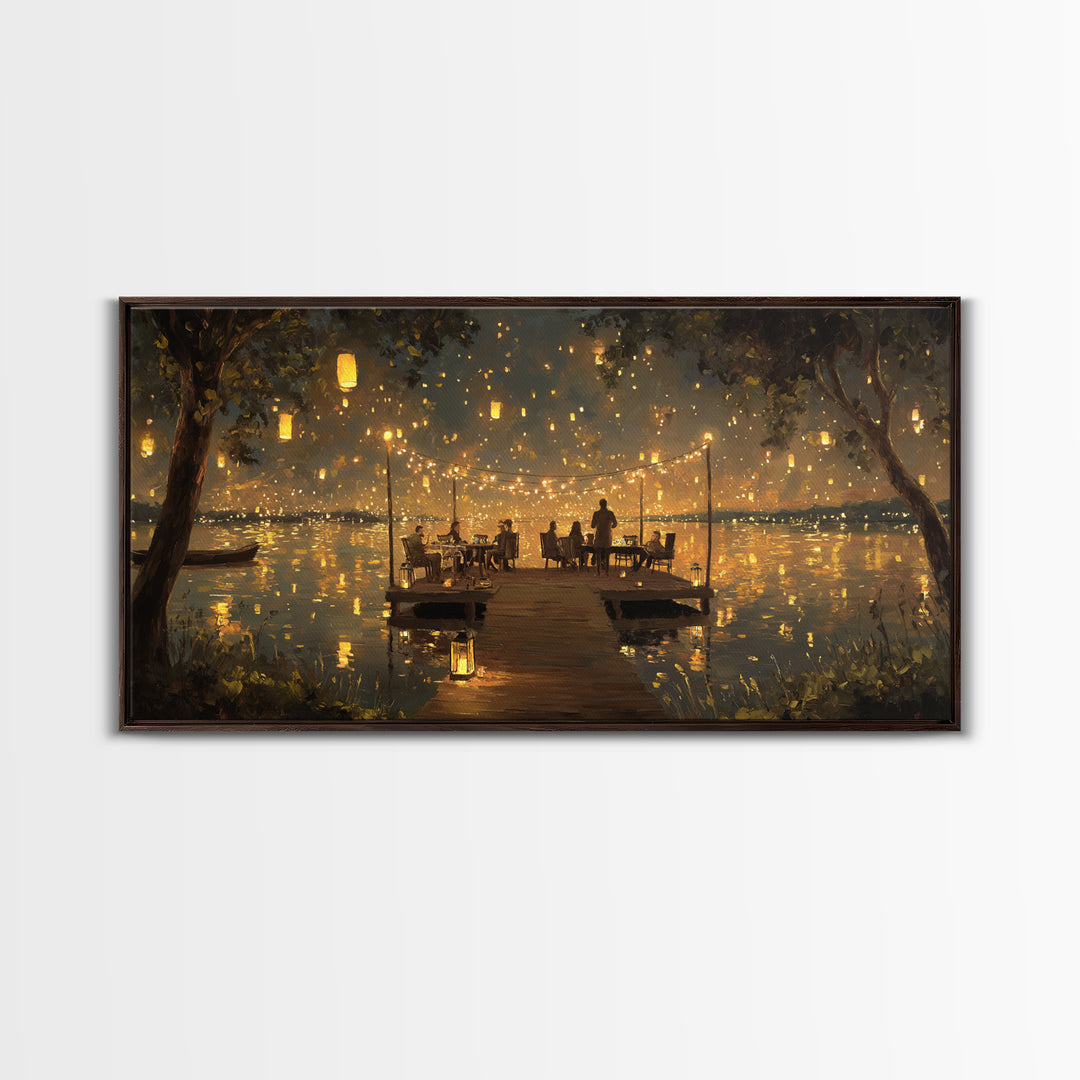 Romantic Evening Dinner On Lake Pier With Lanterns Glowing Warm Light Canvas Print Home Decor Wall Art