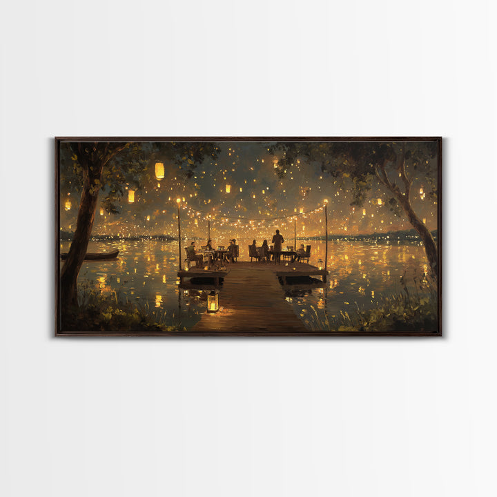 Romantic Evening Dinner On Lake Pier With Lanterns Glowing Warm Light Canvas Print Home Decor Wall Art