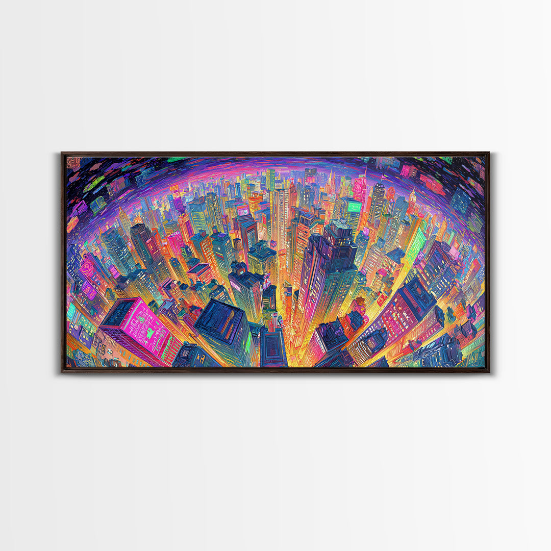 Vibrant Cityscape At Night With Neon Lights Wall Art Framed Canvas Print Modern Urban Wall Decor
