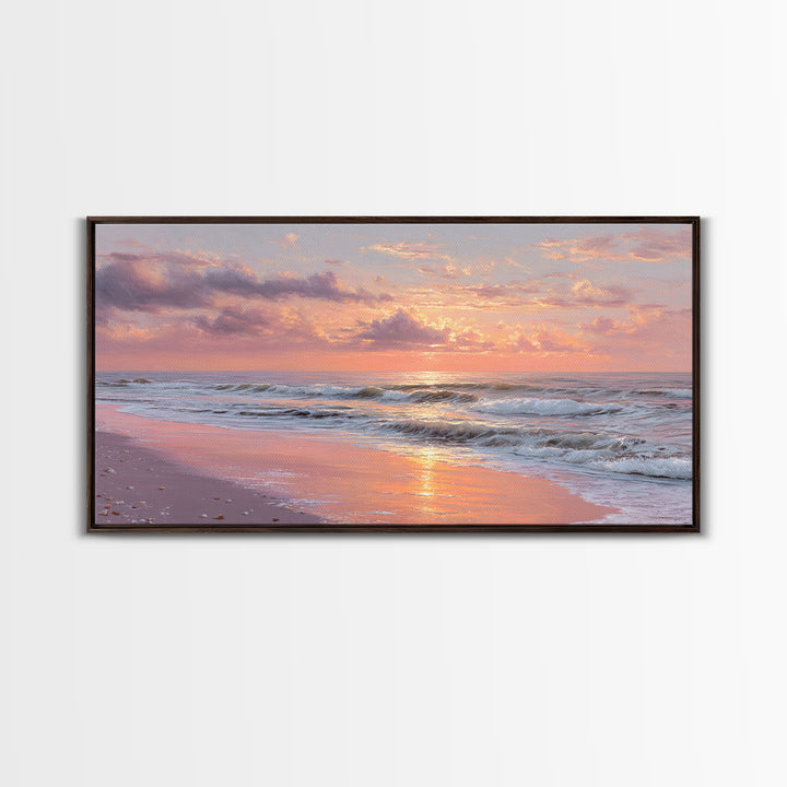 Pink Sunset Ocean Waves Wall Art, Romantic Coastal Decor, Beach House Seascape Canvas, Large Living Room Wall Art, Gift For Her