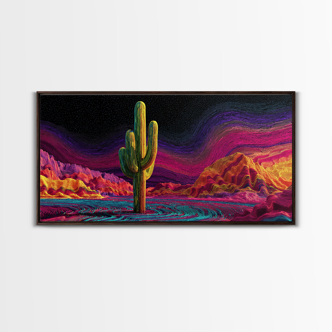 Surreal Abstract Cactus Landscape With Neon Colorful Sky And Textured Brushstrokes Canvas Print Modern Wall Art For Living Room