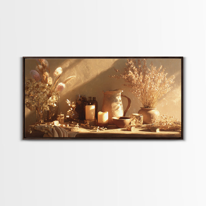 Golden Candle Dried Flower Still Life Wall Art, Neutral Wabi Sabi Decor, Rustic Home Decor, Cozy Framed Canvas Print, Gift