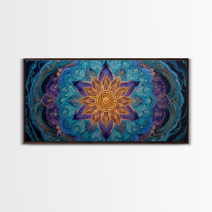 Stunning Celestial Sunset With Palm Trees Over Calm Water Vibrant Coastal Wall Art Framed Canvas Print