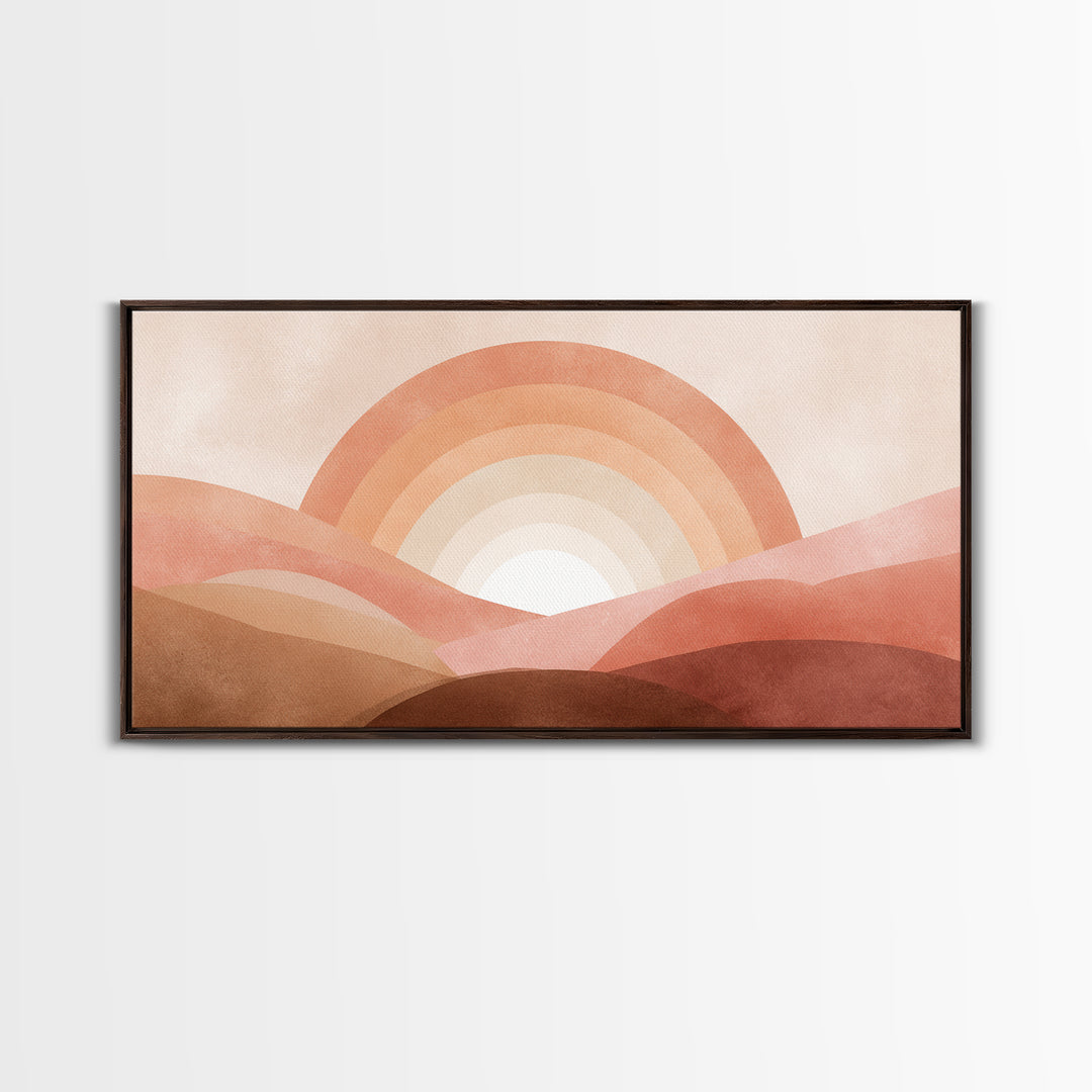 Terracotta Sunrise Over Abstract Desert Hills Wall Art, Boho Rainbow Landscape Print, Earth Tone Decor, Warm Minimalist Canvas