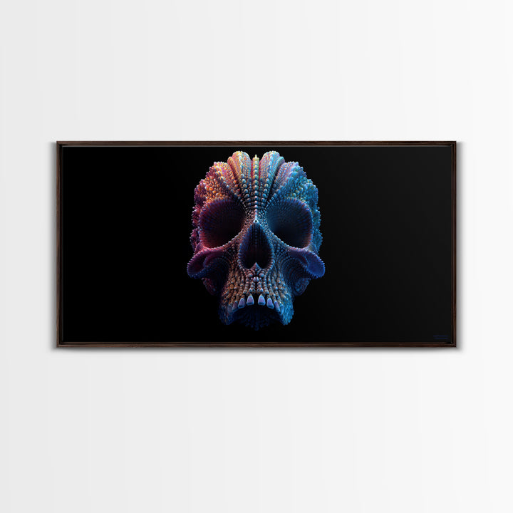 3D Digital Art Skull Sculpture In Moody Blue And Purple Tones Dark Abstract Wall Art Canvas Print For Gothic Home Decor