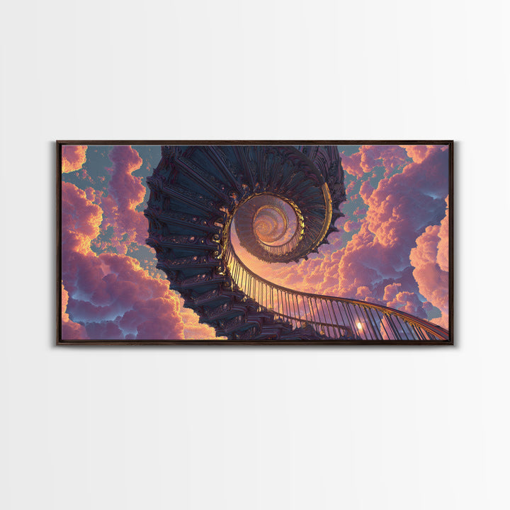 Surreal Spiral Staircase To Sunset Sky With Warm Clouds Canvas Print Dreamy Wall Art For Home Decor