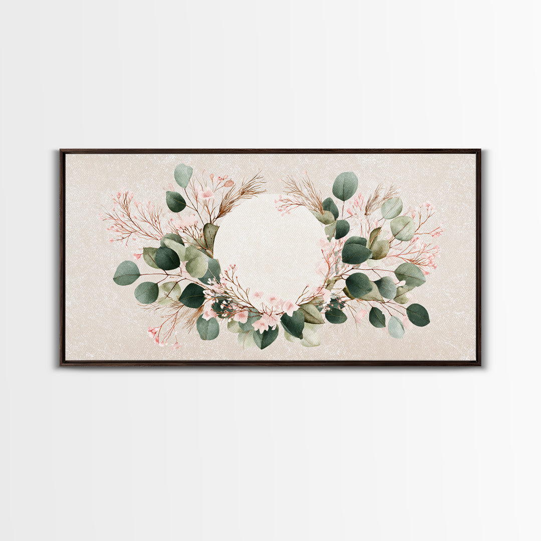 Eucalyptus Floral Wreath Wall Art, Botanical Greenery Print, Neutral Boho Home Decor, Living Room Above Bed Horizontal Canvas