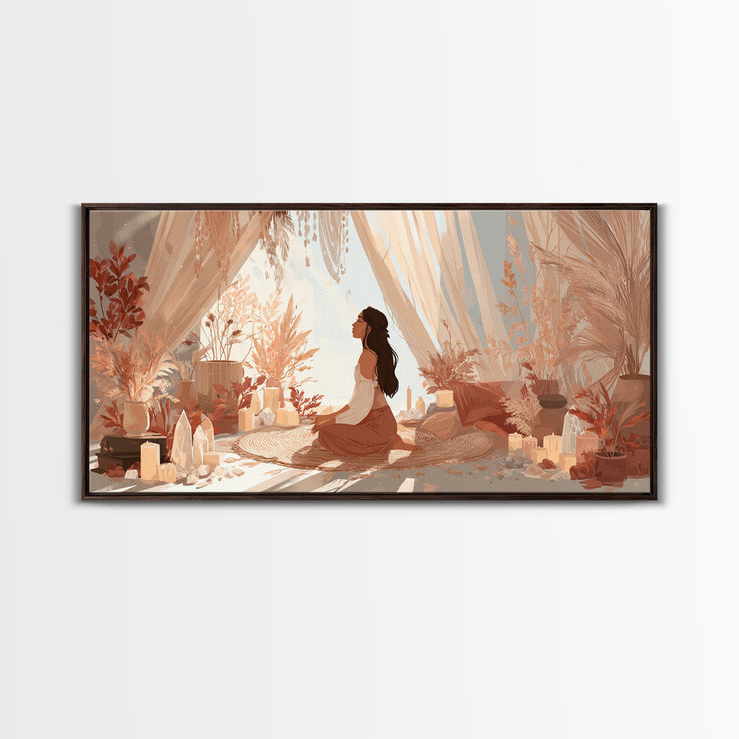 Sunlit Boho Meditation Room With Woman And Crystals Canvas Print, Spiritual Yoga Decor, Serene Feminine Wall Art Gift For Her