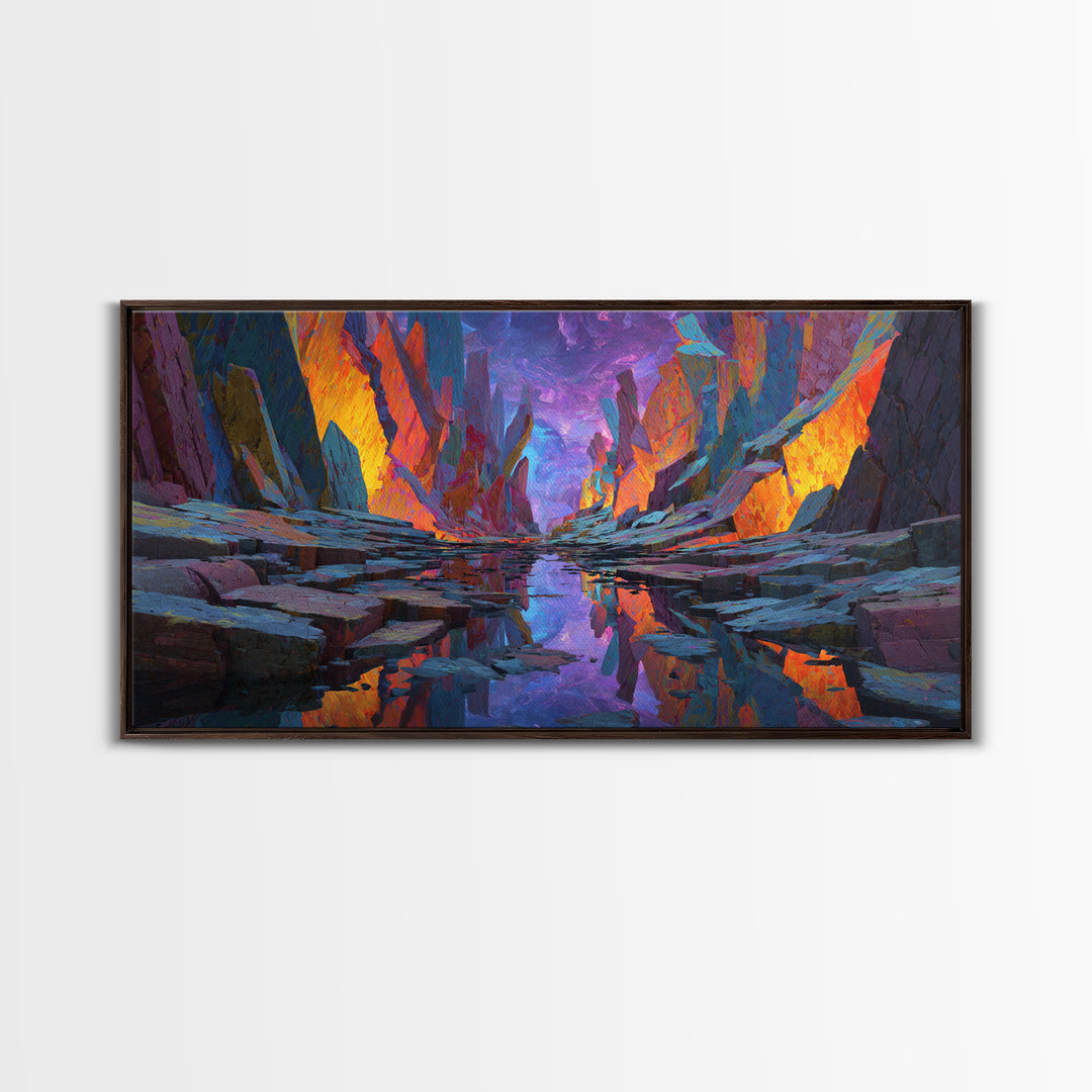 Vibrant Surreal Landscape With Fiery Rock Formations Reflected In Water Large Wall Art Framed Canvas Print