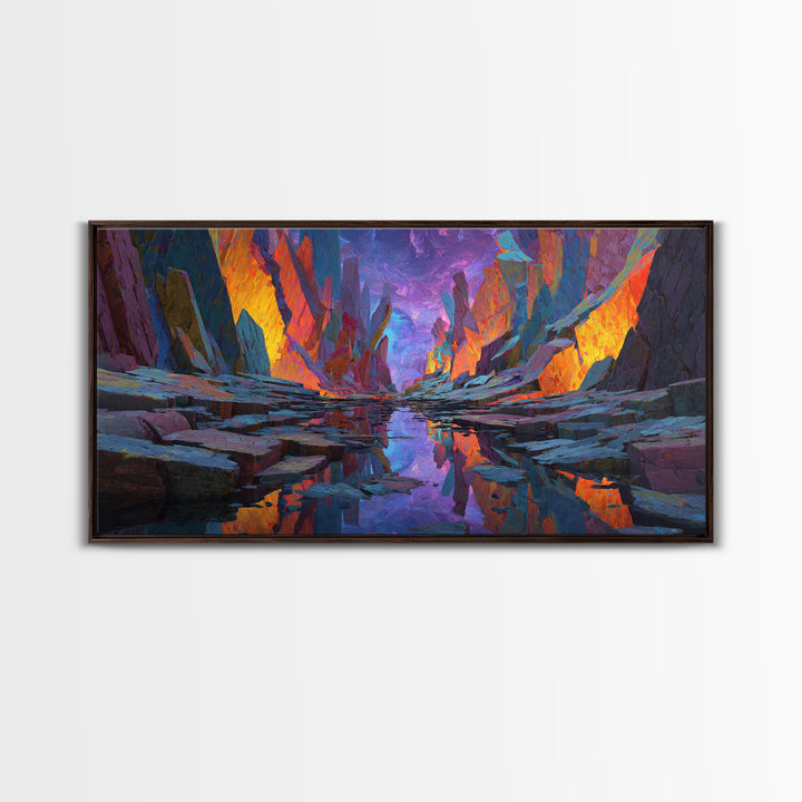 Vibrant Surreal Landscape With Fiery Rock Formations Reflected In Water Large Wall Art Framed Canvas Print