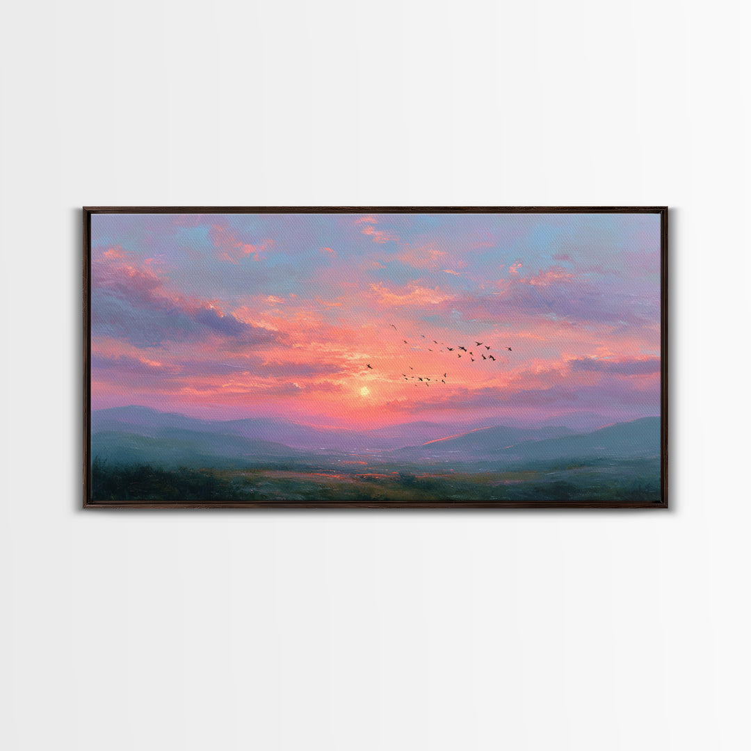 Pink Sunset Mountain Valley Landscape Canvas Print, Misty Nature Wall Art, Large Living Room Decor, Peaceful Housewarming Gift