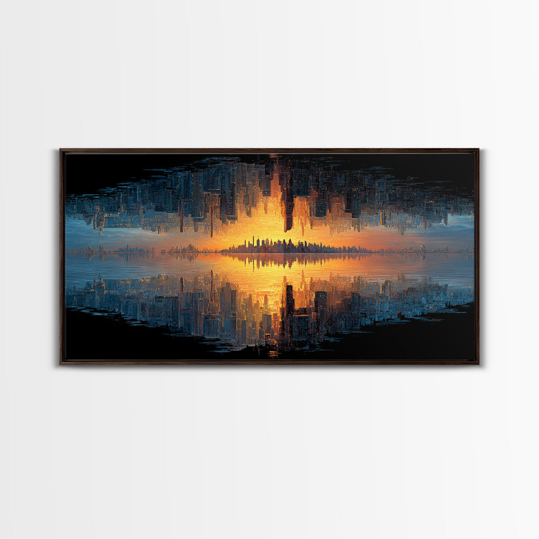Abstract Cityscape Digital Painting Featuring Inverted Skyline And Sunset Reflection, Canvas Print For Modern Wall Art And Home Decor