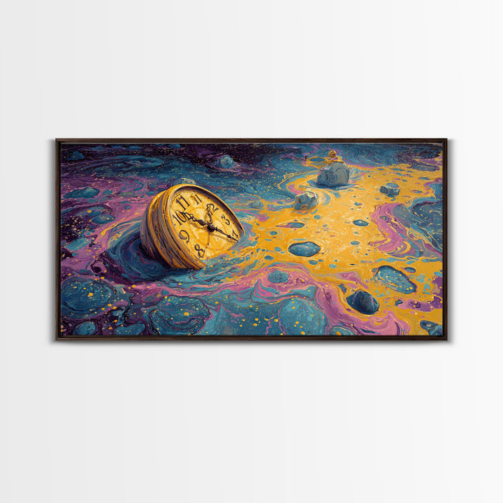 Surreal Abstract Time Melting Clock In Vibrant Blue And Gold Swirling Colors Contemporary Wall Art Printed Canvas Print