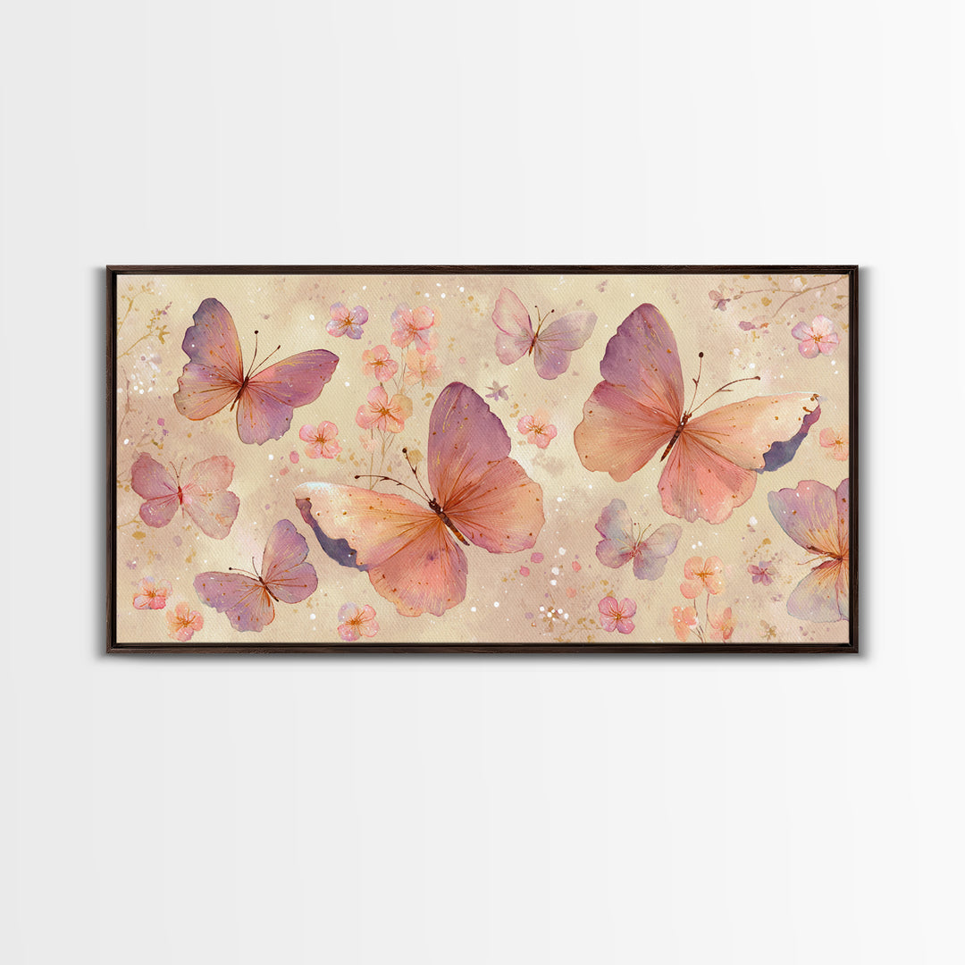 Blush Pink Butterflies And Tiny Flowers Wall Art, Pastel Canvas Print, Whimsical Nursery Bedroom Decor, Feminine Gift For Her