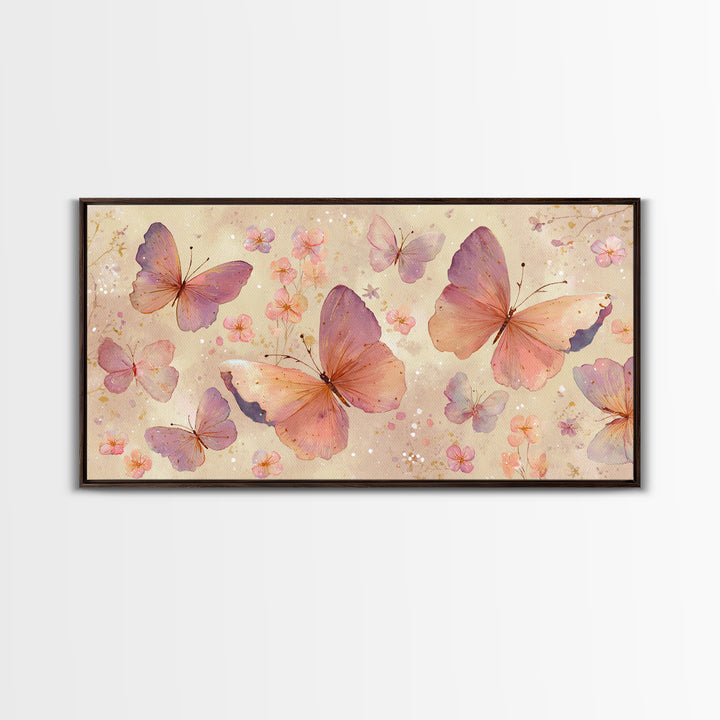 Blush Pink Butterflies And Tiny Flowers Wall Art, Pastel Canvas Print, Whimsical Nursery Bedroom Decor, Feminine Gift For Her