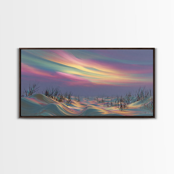 Vast Desert Prairie Landscape With Wagon And Distant Mountain Range Framed Canvas Print Rustic Wall Art For Country Home Decor