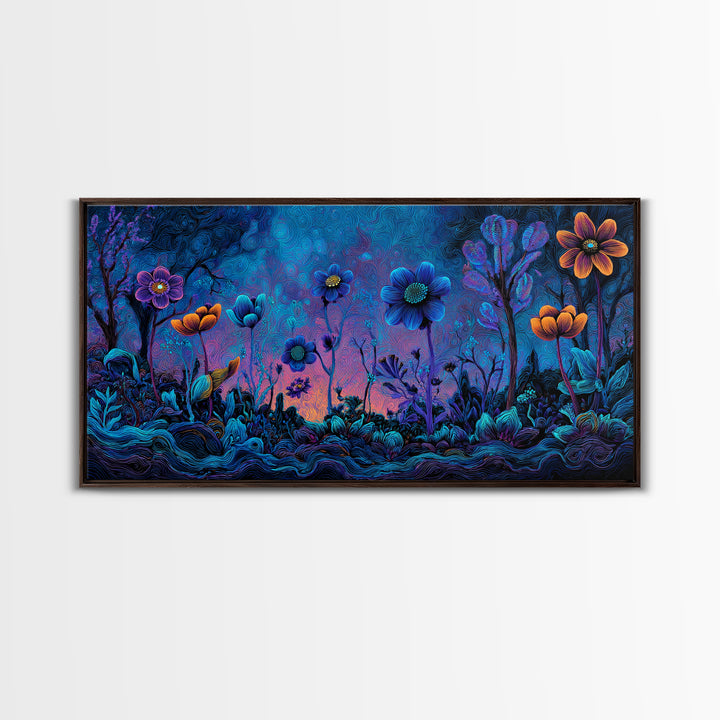 Whimsical Blue And Purple Flowers Digital Painting Vibrant Floral Wall Art Framed Canvas Print For Bedroom Or Living Room Decor