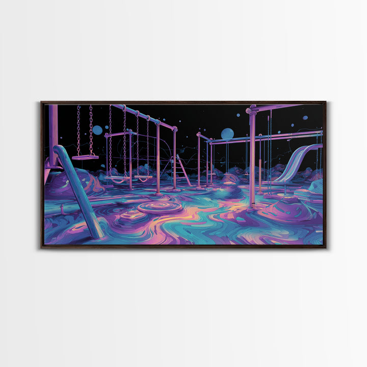 Surreal Neon Playground Illustration With Glowing Elements Wall Art Print, Vibrant Kids Room Decor, Modern Canvas Print