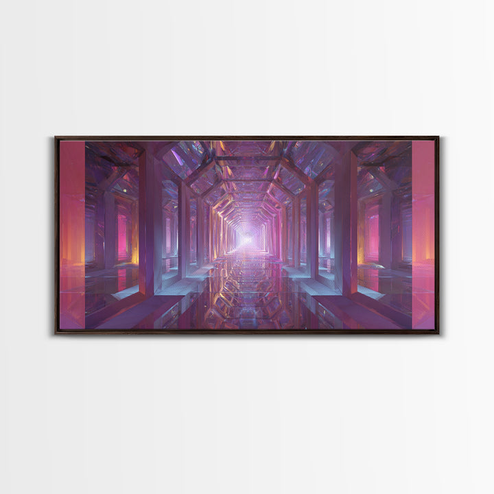 Futuristic Abstract Tunnel With Neon Lights And Mirrors Surreal Digital Art Wall Art Canvas Print