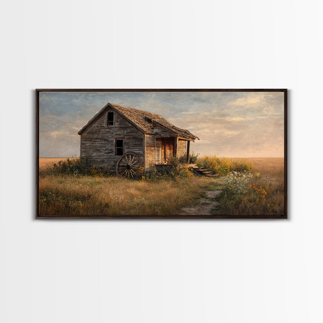 Rustic Abandoned Schoolhouse In Countryside Autumn Landscape Painting Wall Art Canvas Print For Farmhouse Décor