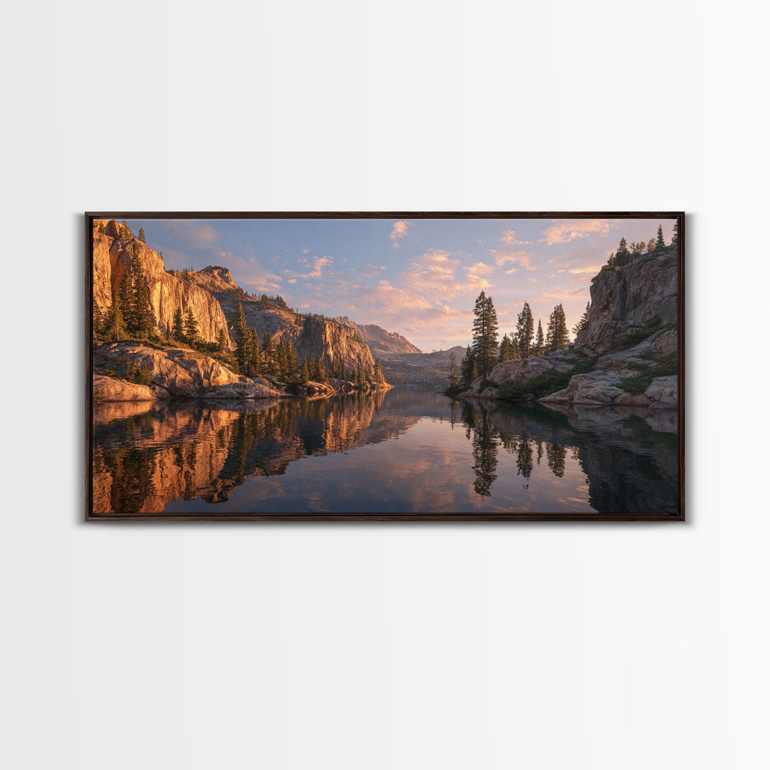 Golden Hour Mountain Lake Landscape With Reflection And Trees Framed Canvas Print Rustic Wall Art For Living Room Decor