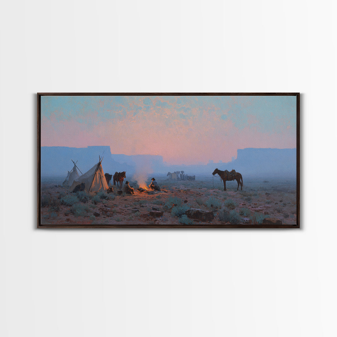 Rustic Cowboy Campfire Scene Oil Painting Wall Art Showcasing Western Lifestyle With Horses For Farmhouse Living Room Decor Framed Canvas Print