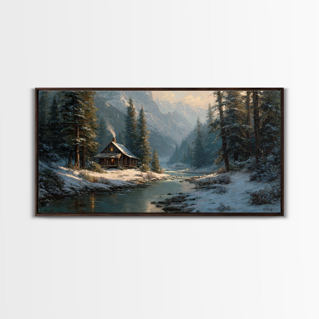Rustic Winter Landscape Painting Of Cabin Beside Snowy Stream Large Wall Art Original Painting Canvas Print
