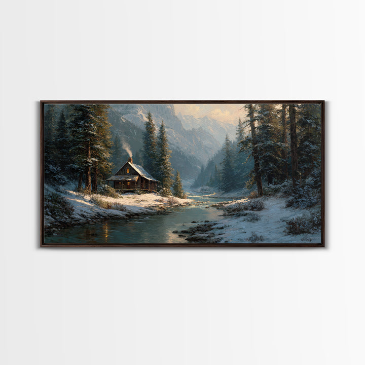 Rustic Winter Landscape Painting Of Cabin Beside Snowy Stream Large Wall Art Original Painting Canvas Print