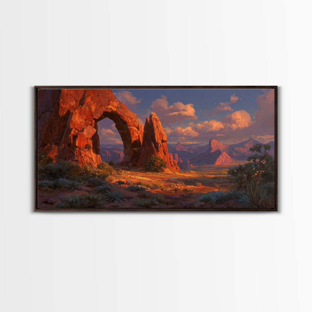 Sunlit Red Rock Arch In Desert Landscape Stunning Warm Tones Southwestern Wall Art For Living Room Decor Framed Canvas Print