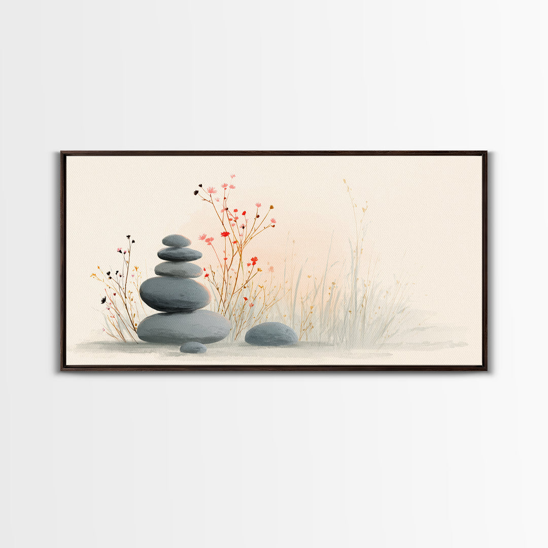 Stacked Zen Stones With Delicate Botanicals Wall Art, Minimalist Spa Decor, Calming Meditation Room Canvas Print, Neutral Home Decor