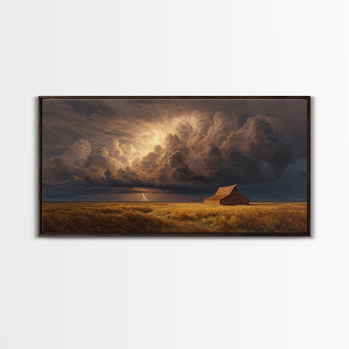 Dramatic Prairie Storm With Lightning Over Barn Large Wall Art Oil Painting Canvas Print Rustic Decor