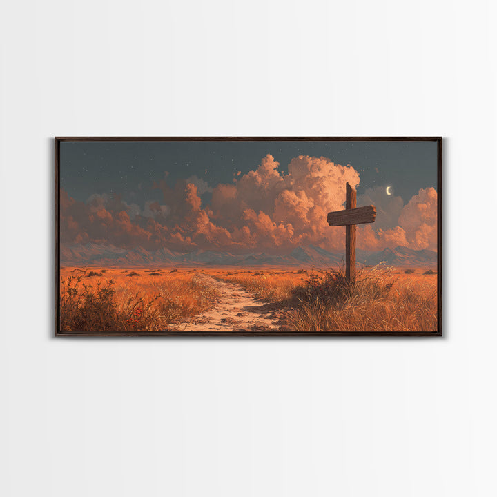 Tranquil Desert Landscape Sunlit Path With Cross Wall Art Sunset Painting Canvas Print Home Decor