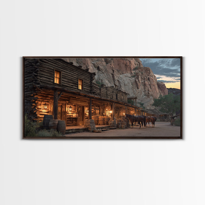 Historic Old Western Log Cabin With Horses At Dusk Wall Art Framed Canvas Print For Rustic Home Décor