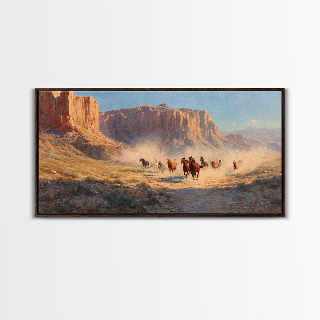 Dramatic Wild Horses Running Across Dusty Plains Majestic Western Landscape Wall Art Canvas Print for Rustic Home Decor
