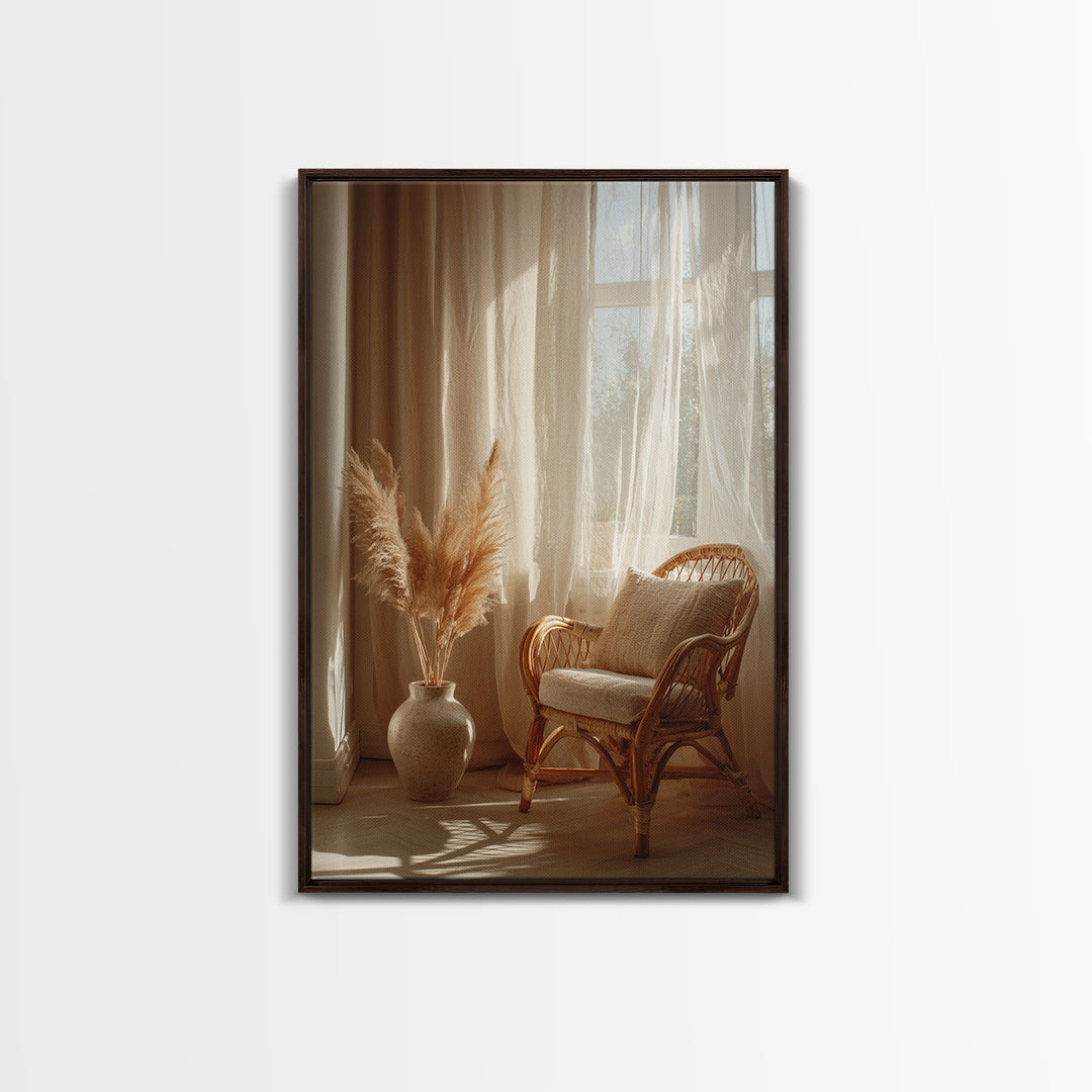 Sunlit Rattan Chair With Pampas Grass Framed Canvas Print, Boho Wall Art, Neutral Home Decor, Cozy Bedroom Wall Decor Print