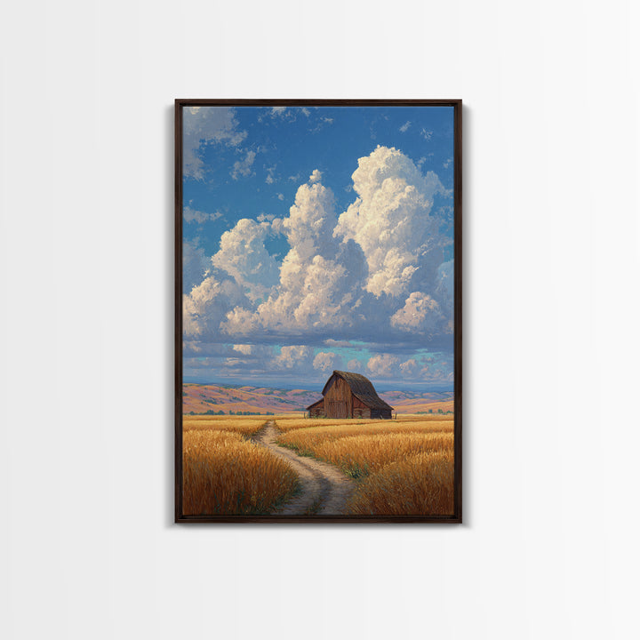 Quiet Serenity Of Rustic Barn In Golden Field Under Expansive Sky Wall Art Framed Canvas Print