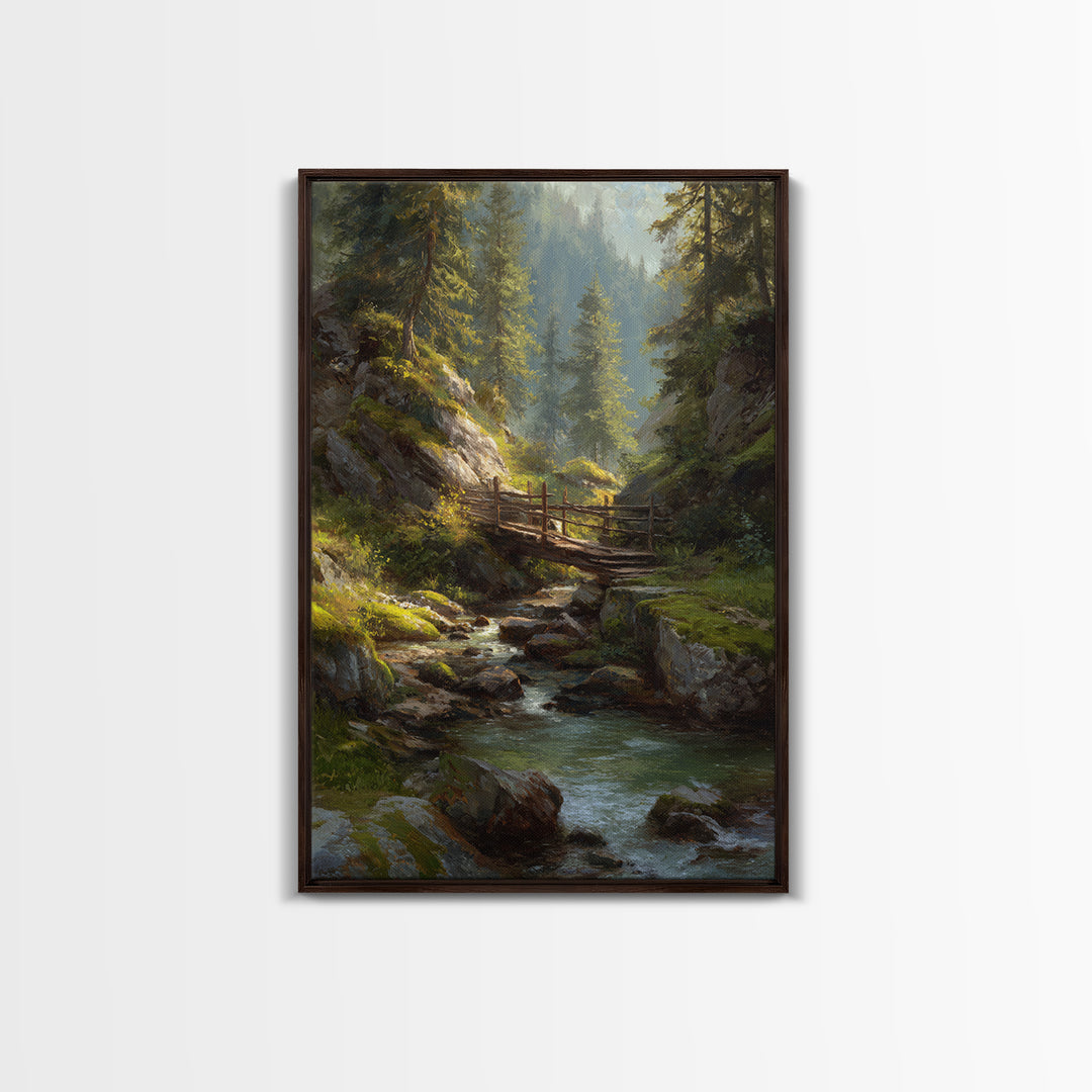 Peaceful Forest Stream Landscape Oil Painting With Bridge And Sunlight Fine Art Print Wall Art