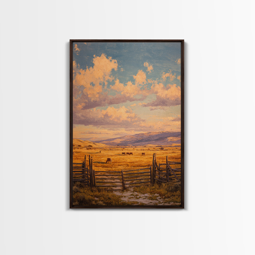 Classic Rural Landscape Oil Painting Rustic Farmhouse Scene With Fence And Cows Large Wall Art Framed Canvas Print
