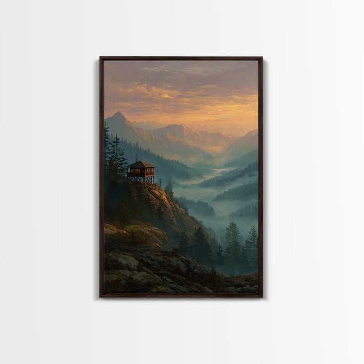 Serene Mountain Landscape At Sunset With Wooden Cabin Wall Art Framed Canvas Print For Living Room Decor