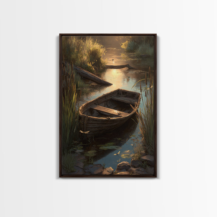 Serene Landscape Oil Painting Of Old Wooden Boat On Calm Water With Dragonflies Wall Art Framed Canvas Print